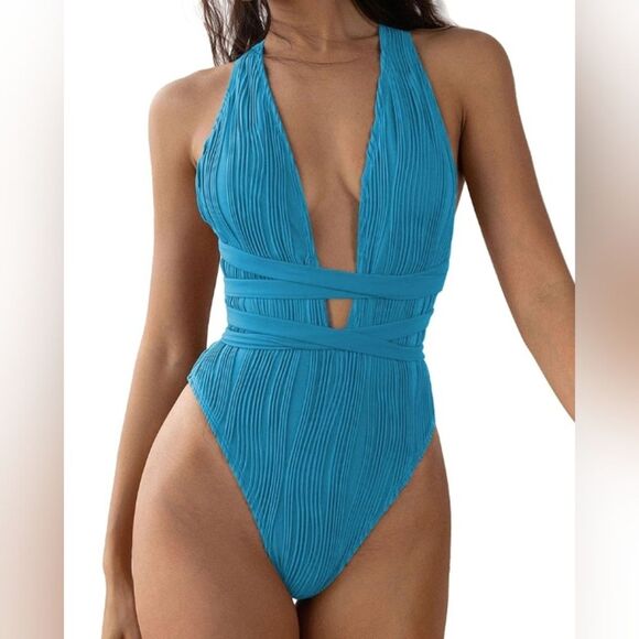 Zaful Other - Zaful Teal Plunging Neckline Cross Tie Backless One Piece Swimsuit Size Small